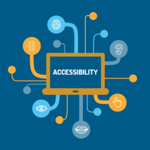 a computer with the work accessibility and it is linked to a number of icons that represent different parts of inclusion: