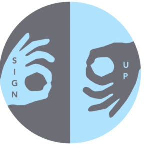 Sign Up logo with blue and grey hands signing