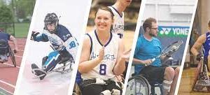 a graphic showing wheelchair sports: racing, sledge hockey, basketball, tennis and rugby
